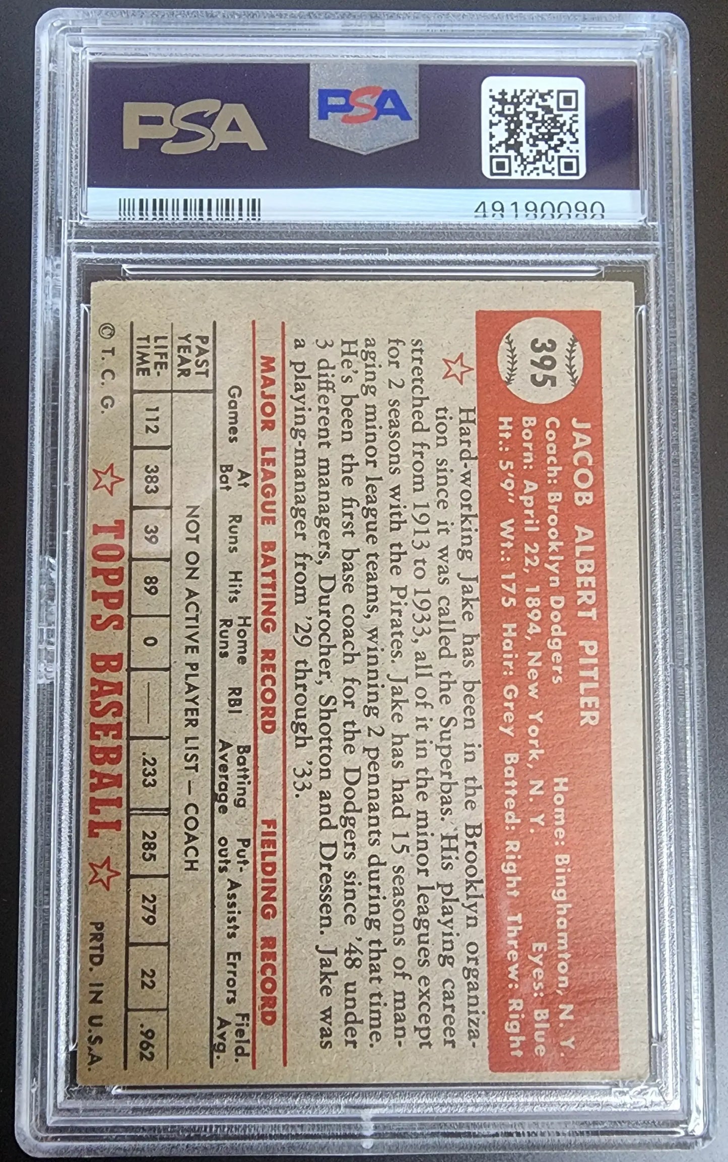Vintage Jake Pitler 1952 Topps #395 baseball card in PSA holder showcasing player stats