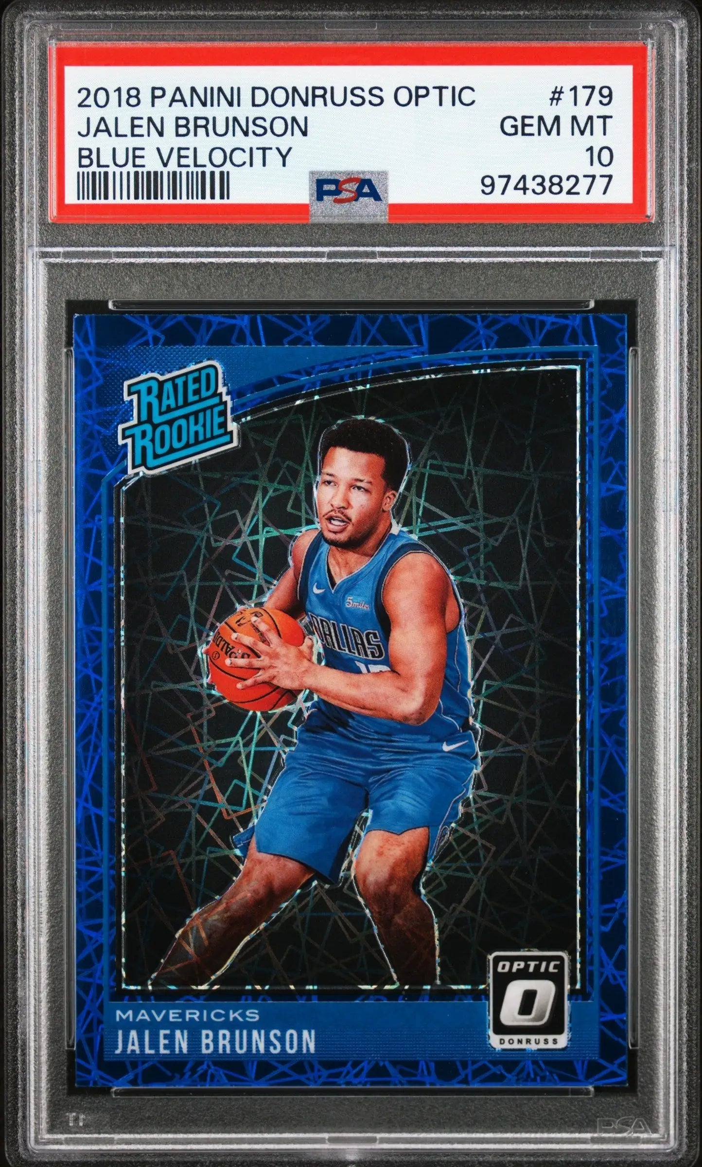 Jalen Brunson 2018 Donruss Optic Blue Velocity PSA 10 basketball card displayed