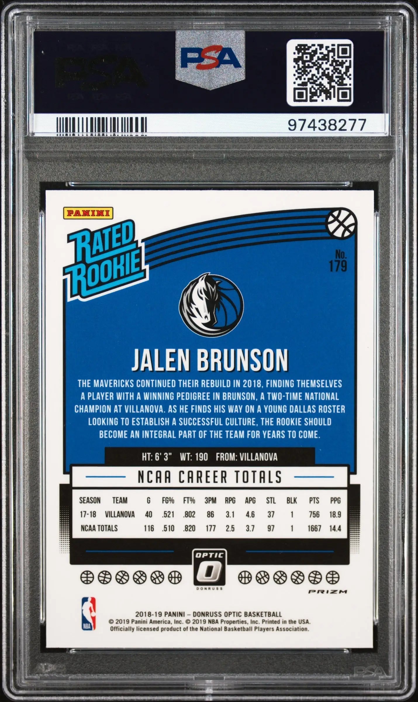 Jalen Brunson 2018 Donruss Optic Blue Velocity PSA 10 Gem Mint basketball card