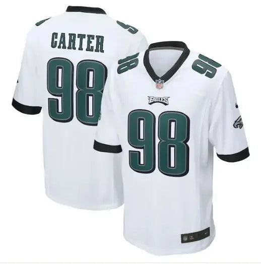 White Philadelphia Eagles Jalen Carter #98 Nike Game Jersey displayed for sale
