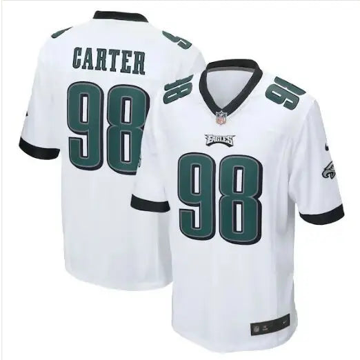 White Philadelphia Eagles Jalen Carter Nike Game Jersey with green numbers and black trim