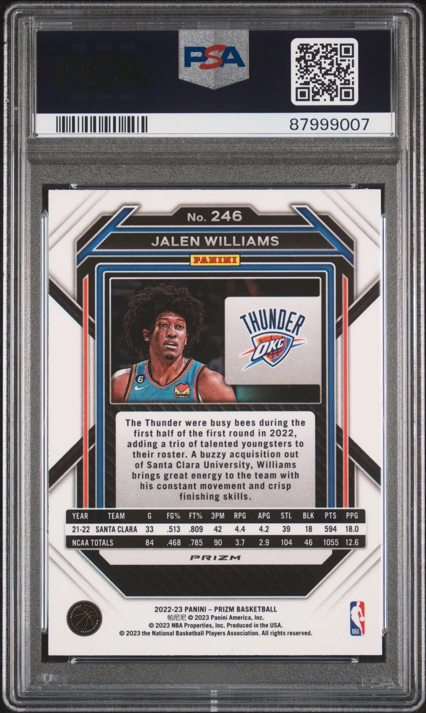 Graded Jalen Williams basketball card from 2022 Panini Prizm Fast Break PSA 10 Gem Mint
