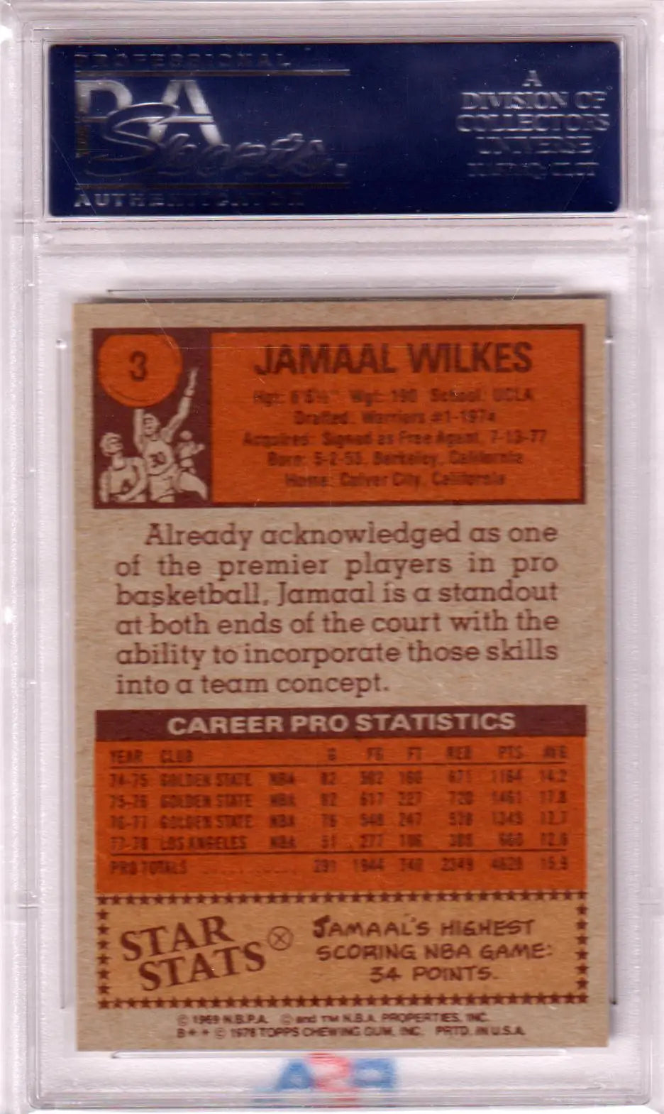 Graded Jamaal Wilkes basketball card from Columbia Hobby, 1978-79 Topps PSA 9 MINT