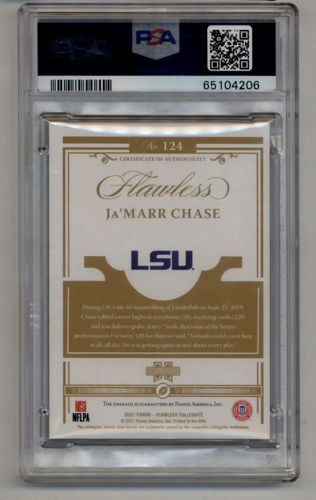 PSA-graded Ja’Marr Chase 2021 Flawless Emerald trading card in protective case