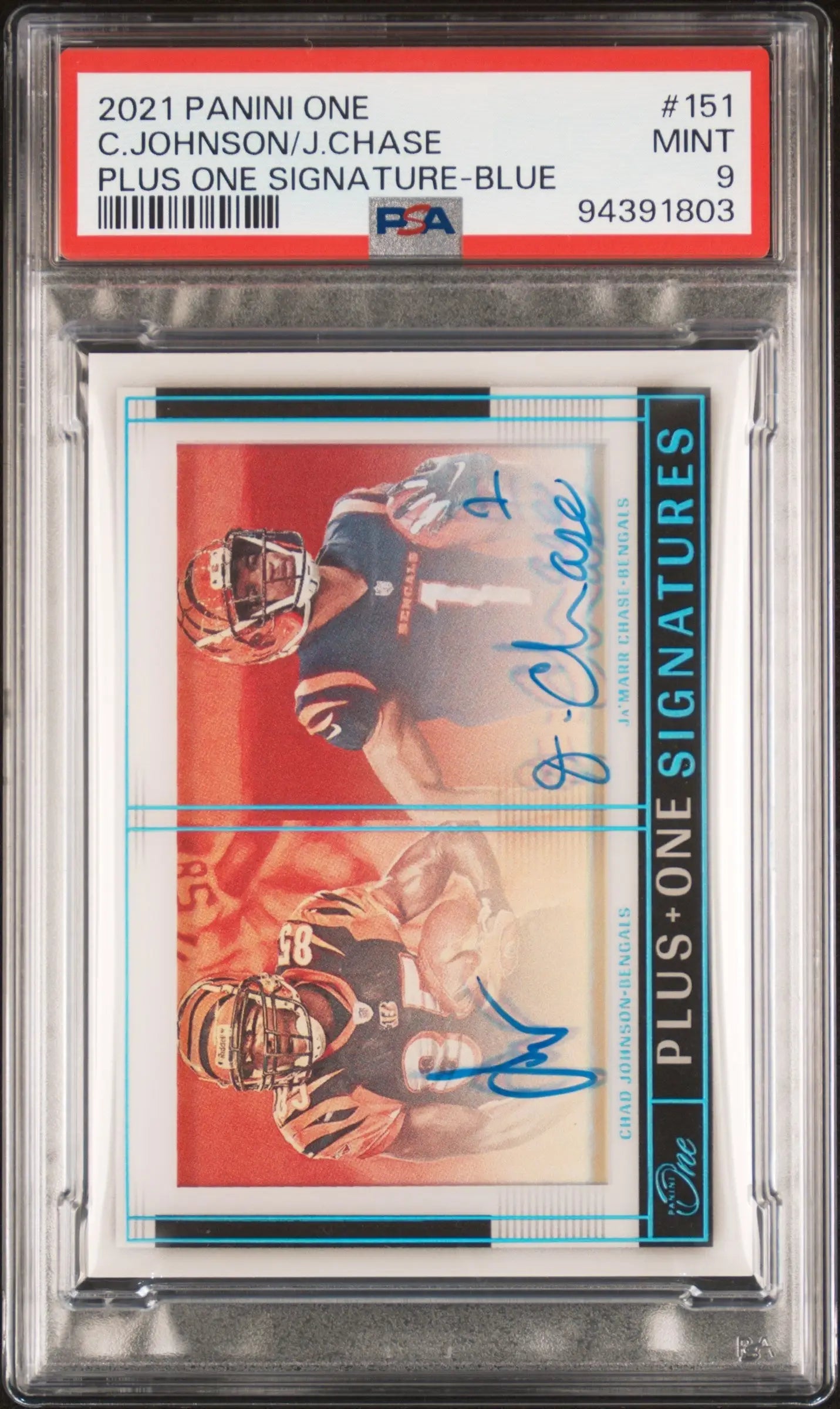 PSA-graded trading card featuring Ja’Marr Chase and Chad Johnson autographs in blue ink