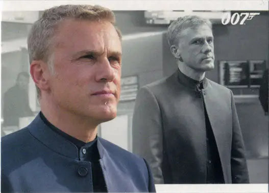 Man with short blond hair in dark blue jacket featured in James Bond trading cards