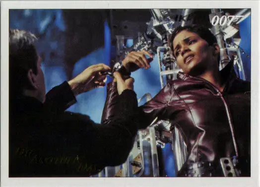 Woman in shiny leather jacket smiles with drink, featured in Gold Foil Trading Cards