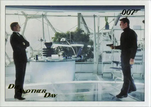 Two men in dark suits in a glass space from James Bond Archives 2017 Gold Foil trading card