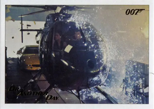 Black helicopter in flight with water splashing for James Bond Gold Foil trading card