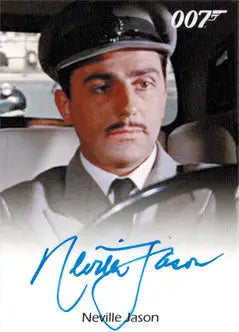 Headshot of Neville Jason in chauffeur uniform for James Bond autograph card