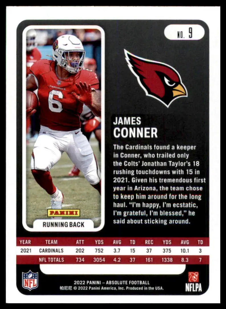 James Conner football card from Panini Absolute 2022 Arizona Cardinals collection