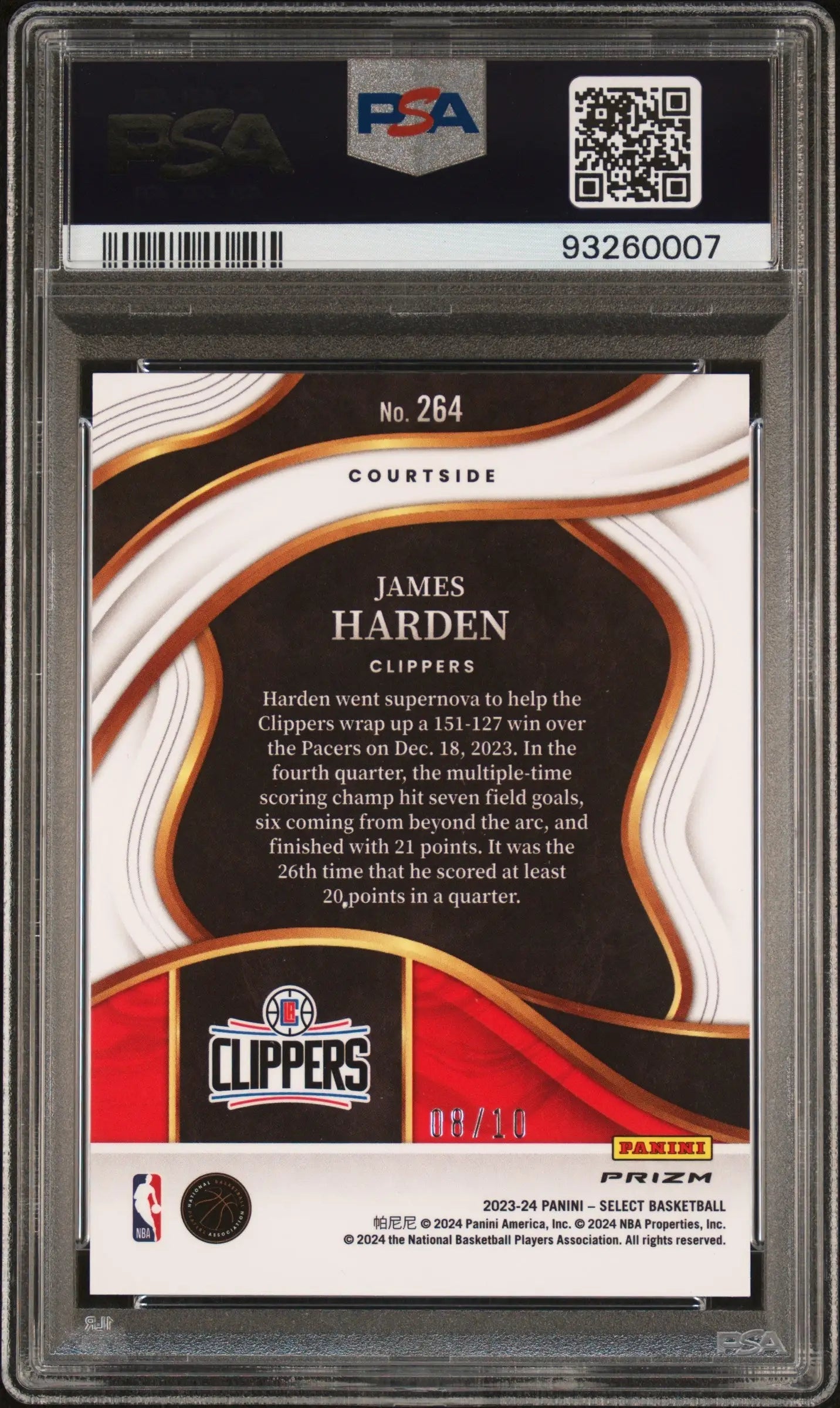 Back of James Harden 2023 Panini Select Gold Flash trading card in black, orange, and white