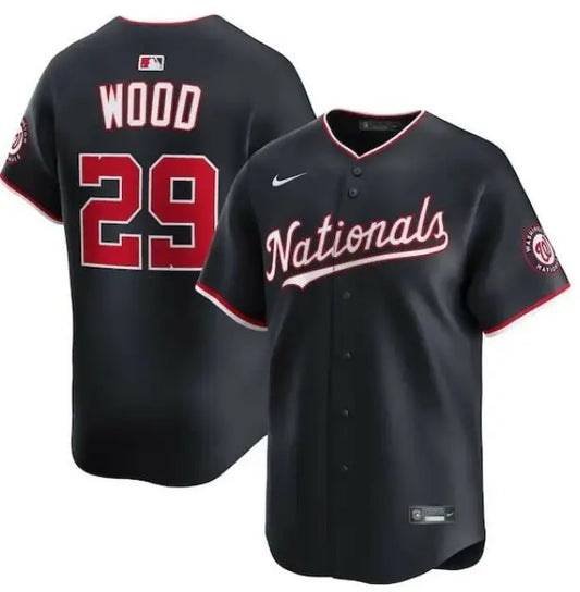 Black Nationals baseball jersey displaying James Wood Washington Nationals Nike Alternate Limited Player Jersey Navy