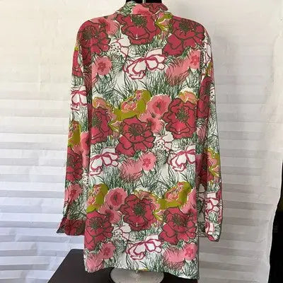 Pink floral long-sleeved button-up blouse in size large with sequin accents