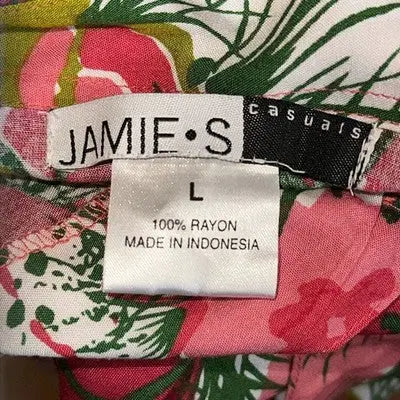 Pink floral rayon blouse with sequins, long sleeves, size large, Jamie S Casuals branding