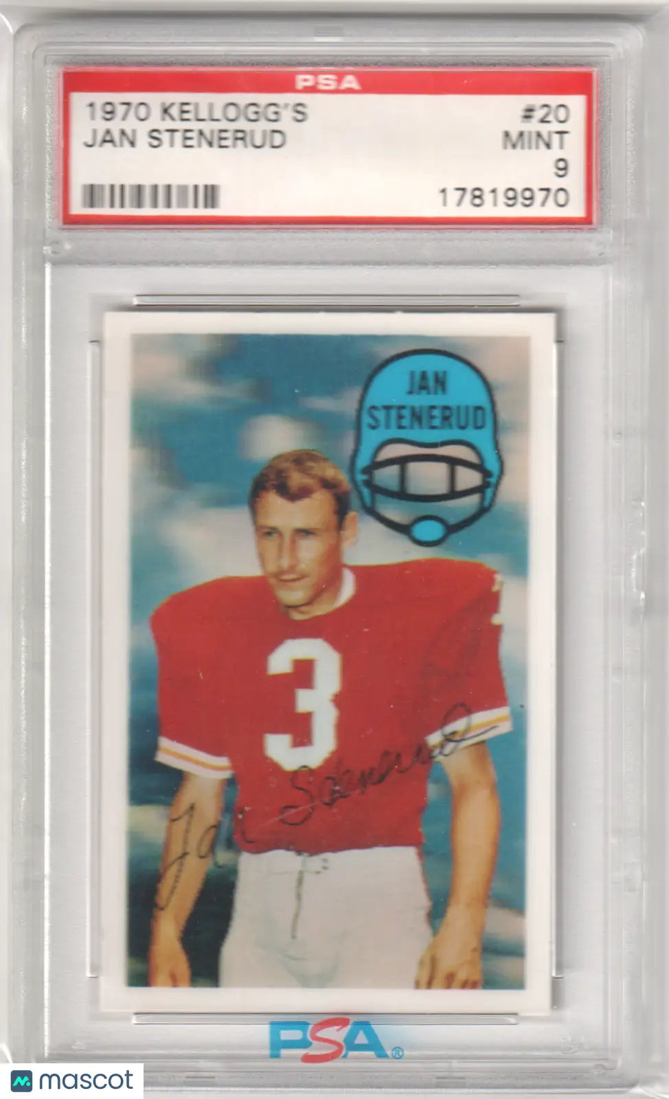 Jan Stenerud 1970 Kellogg’s football card graded Mint 9 by PSA, perfect for Columbia Hobby collectors