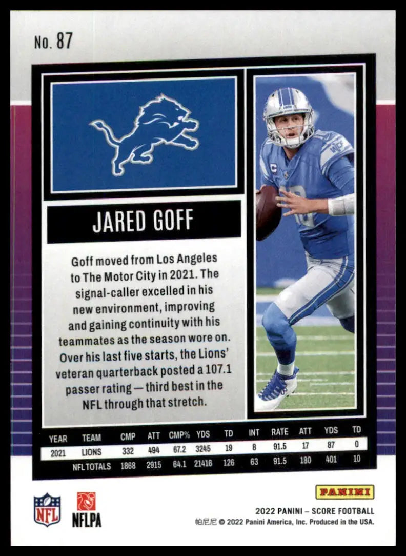 Jared Goff football card from 2022 Score series featuring Detroit Lions player