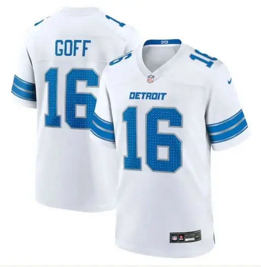 White and blue Detroit Lions Jared Goff Nike Game Jersey with number 16