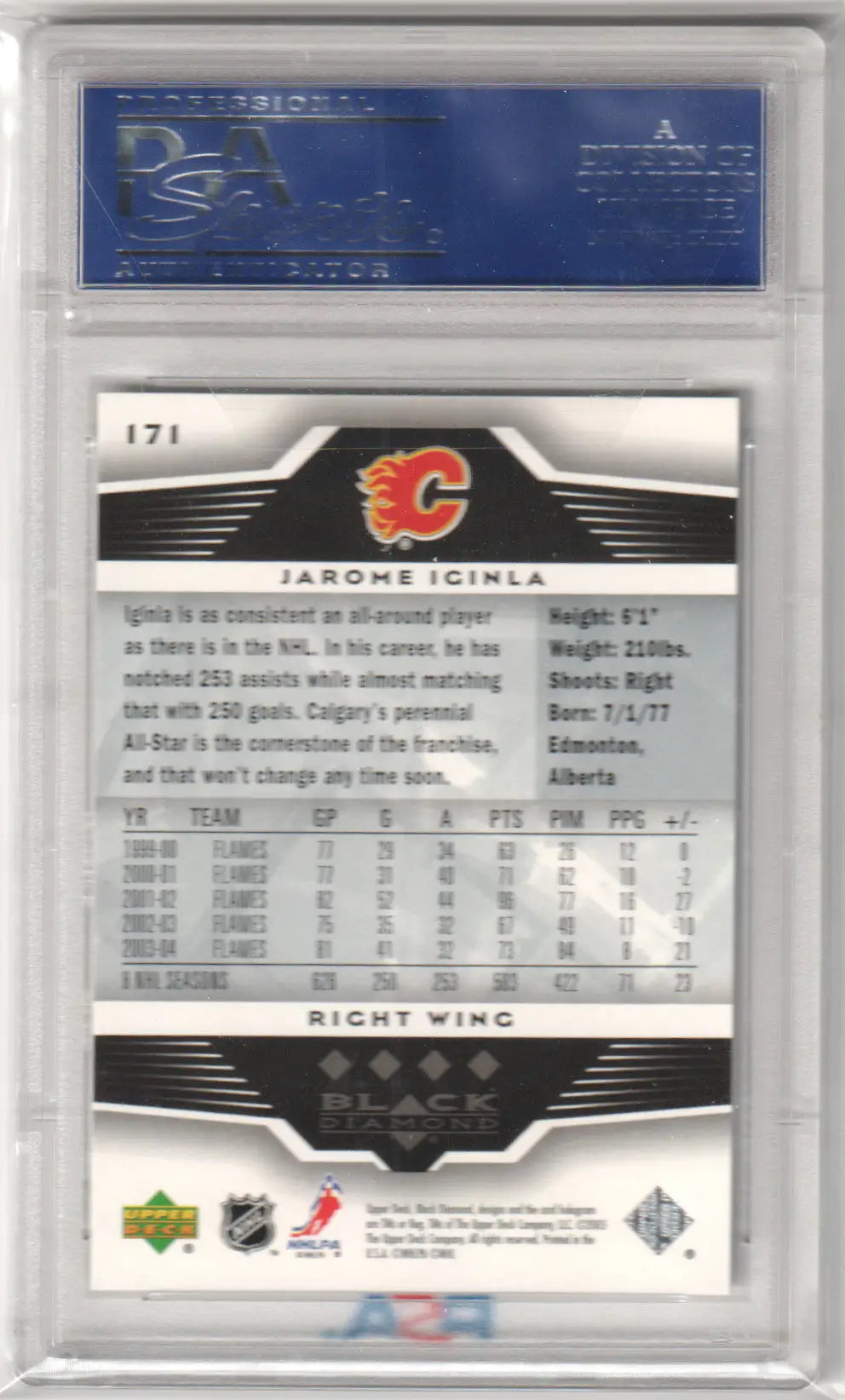 Graded Jarome Iginla hockey card from Upper Deck Black Diamond series in PSA 10 GEM MINT