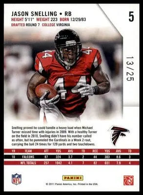 Football card featuring Jason Snelling from Panini Rookies Stars Longevity Emerald /25