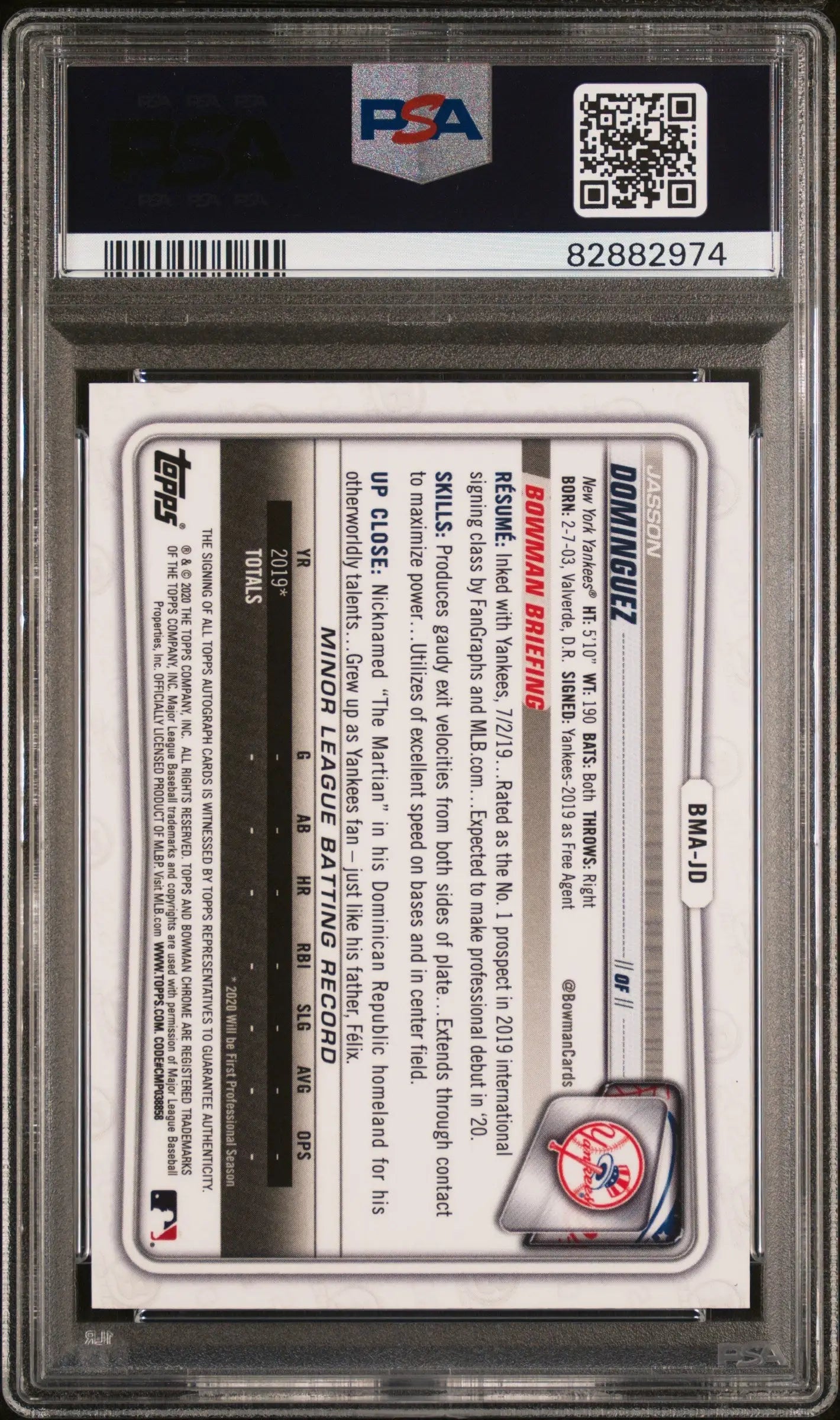Graded Jasson Dominguez baseball trading card from 2020 Bowman Chrome Mega Box Auto PSA 10
