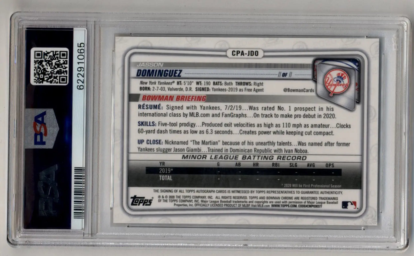 Jasson Dominguez 2020 Bowman Chrome Prospect Auto PSA 9 Mint in protective case with QR code