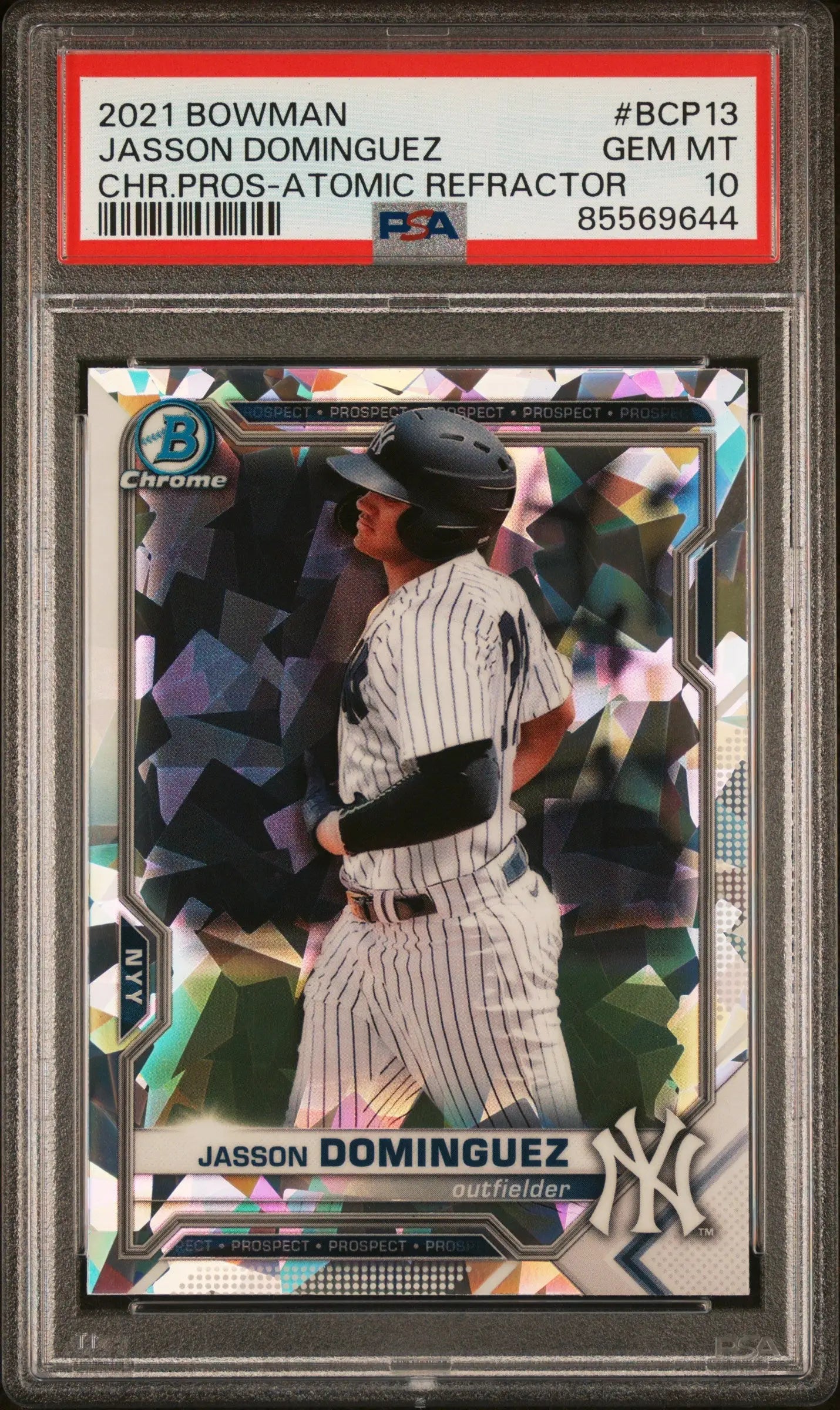 PSA-graded Jasson Dominguez 2021 Bowman Chrome Atomic Refractor in pinstripes