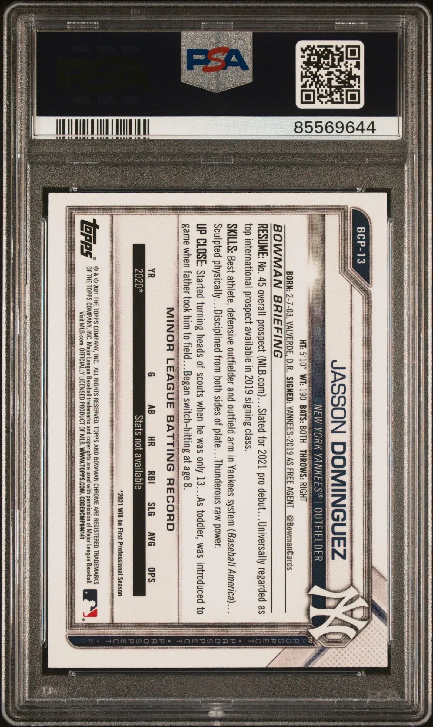 Jasson Dominguez 2021 Bowman Chrome Atomic Refractor PSA 10 in protective holder with QR code