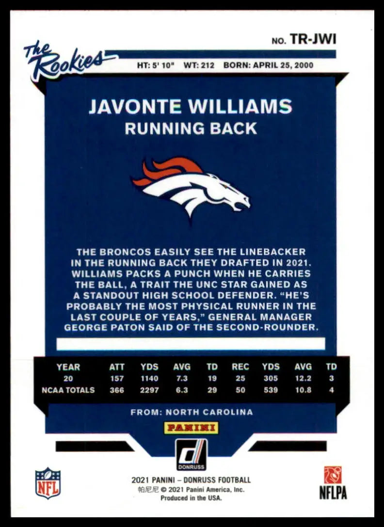 Javonte Williams football card from 2021 Donruss The Rookies series featuring Denver Broncos