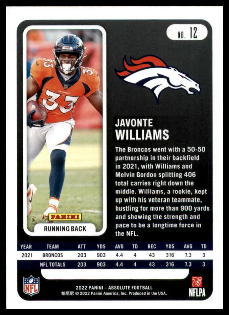Javonte Williams football card from Panini Absolute 2022 Denver Broncos collection