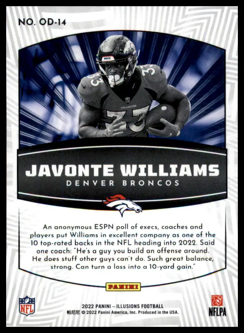 Javonte Williams football card from Panini Illusions 2022 Operation Detonation series