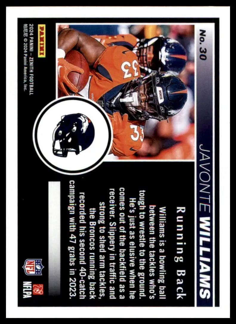 Football trading card of Javonte Williams from Panini Zenith 2024 Denver Broncos product
