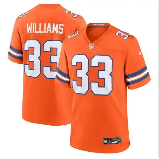 Orange Javonte Williams Denver Broncos Nike Mile High Collection jersey with WILLIAMS and 33 on back
