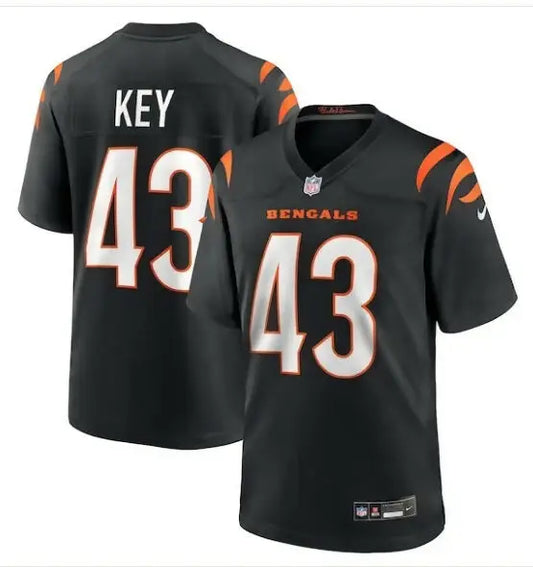 Black Cincinnati Bengals Jaylen Key football jersey with number 43 and KEY on back