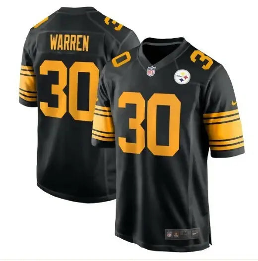 Black and gold Pittsburgh Steelers NFL jersey with number 30, Jaylen Warren Nike Alternate Game Jersey