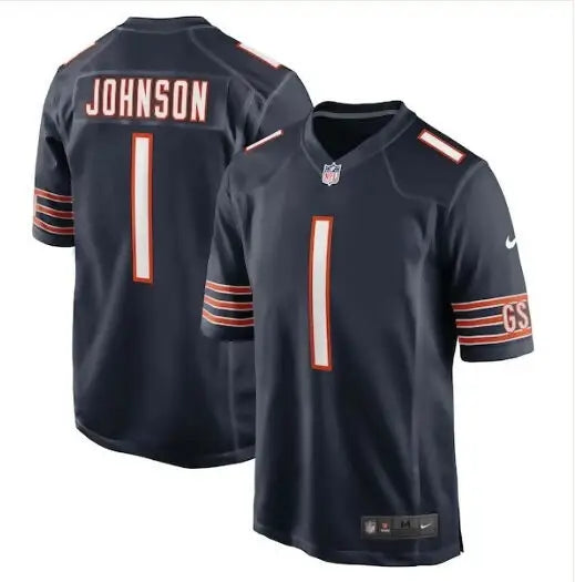 Dark blue Chicago Bears Nike Game Jersey with orange and white accents, Johnson 1