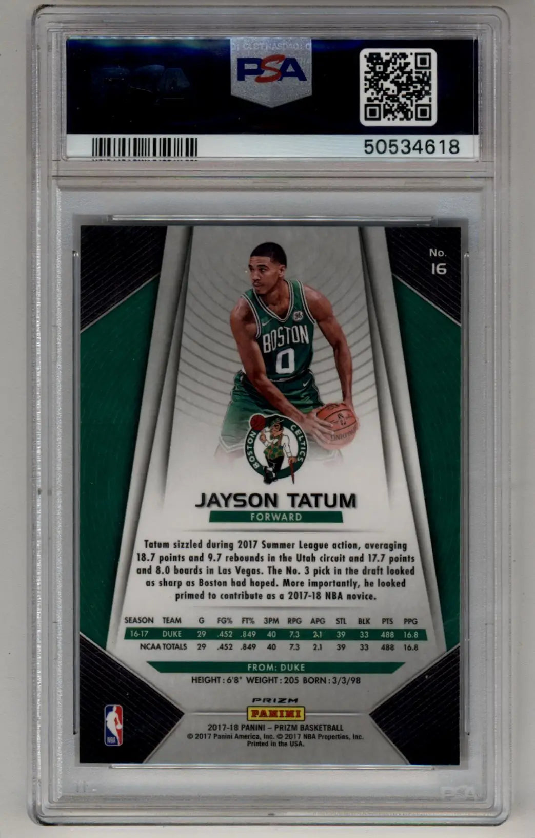 Jayson Tatum 2017-18 Prizm Silver #16 PSA 10 Gem Mint 4618 - Singles
