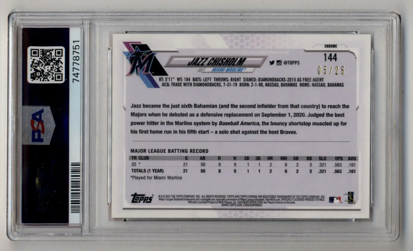 Graded Jazz Chisholm 2021 Topps Chrome Orange Refractor trading card PSA 10