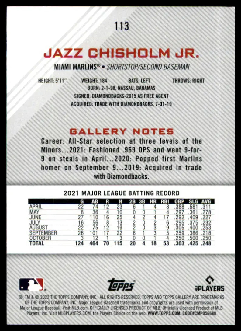 Back of Jazz Chisholm 2022 Topps Gallery Rainbow Foil baseball card featuring detailed stats