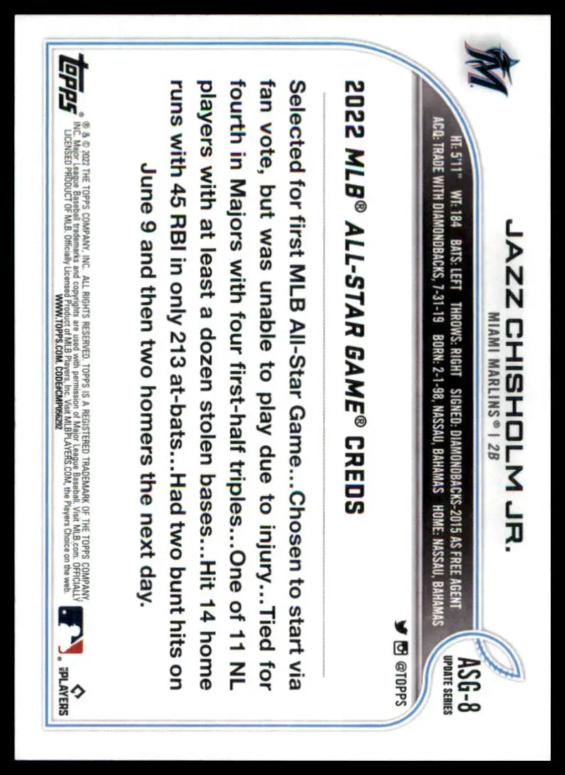 Baseball card back of Jazz Chisholm from 2022 Topps Update MLB All-Star Game