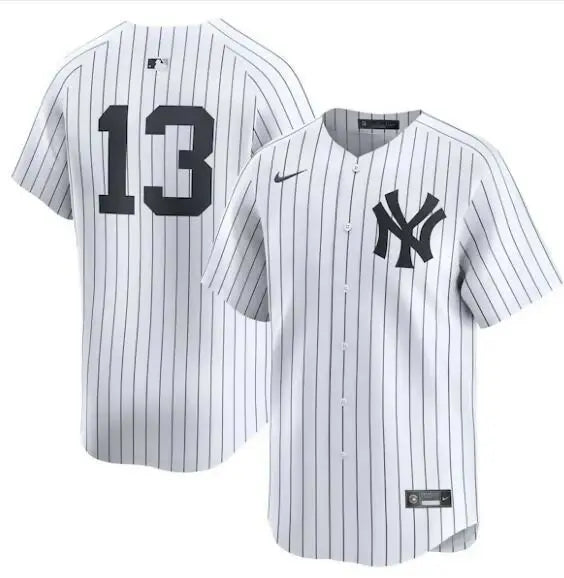 Pinstriped New York Yankees baseball jersey displayed on Jazz Chisholm Jr. Nike Home Limited Player Jersey in white