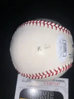 White baseball with red stitching and authentication sticker featuring Jeff Bagwell signed Houston Astros logo