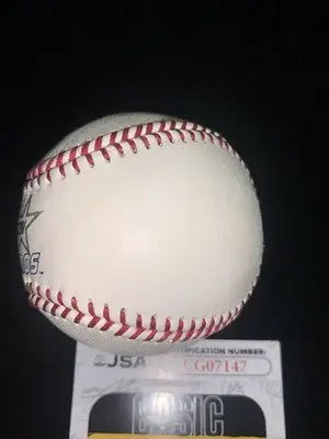 White baseball with red stitching and black star logo from Jeff Bagwell signed Houston Astros auto ball
