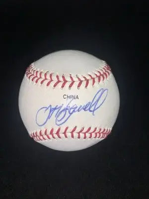 White baseball with red stitching and blue Jeff Bagwell signed autograph, Houston Astros memorabilia
