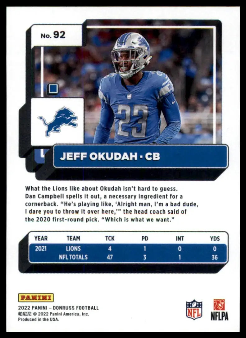 Jeff Okudah football card from 2022 Donruss Detroit Lions collection