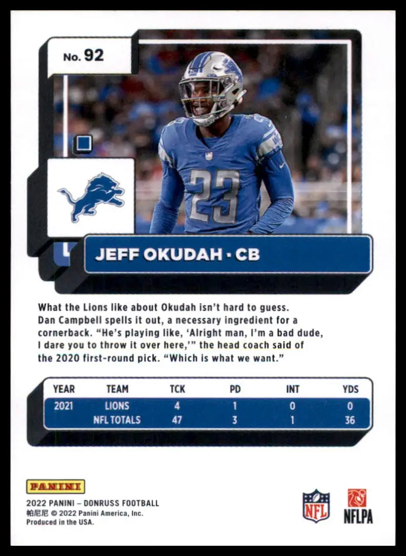 Jeff Okudah football card from 2022 Donruss Detroit Lions product