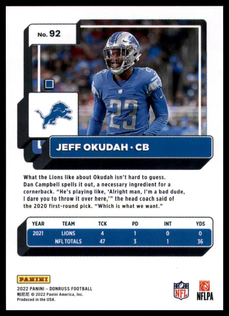 Jeff Okudah football card from 2022 Donruss product featuring Detroit Lions player