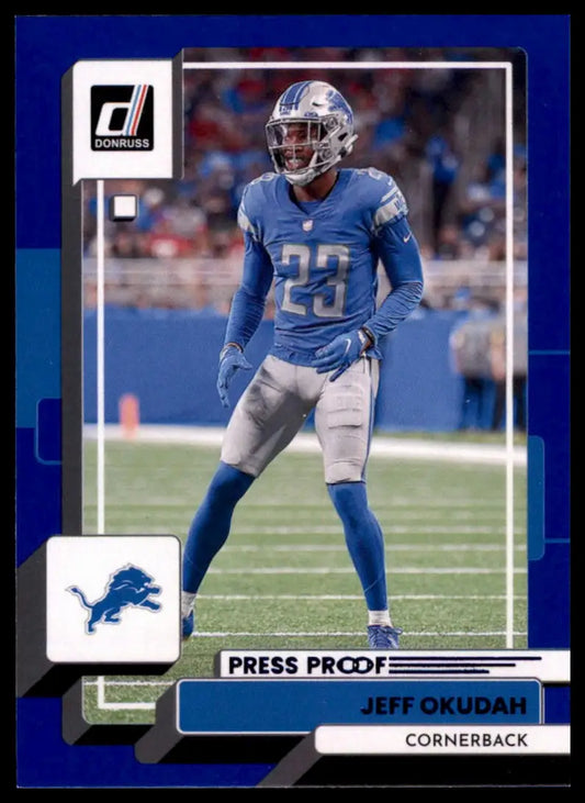 Jeff Okudah football card from 2022 Donruss Blue Press Proof Detroit Lions