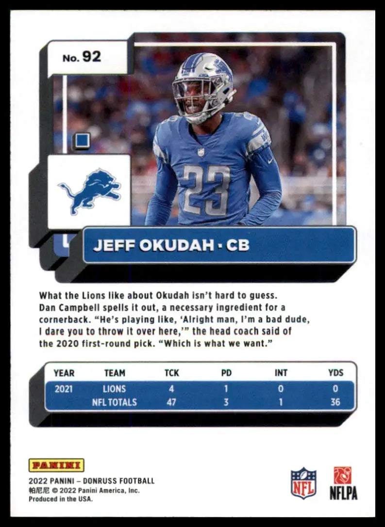 Jeff Okudah football card from 2022 Donruss Blue Press Proof Detroit Lions