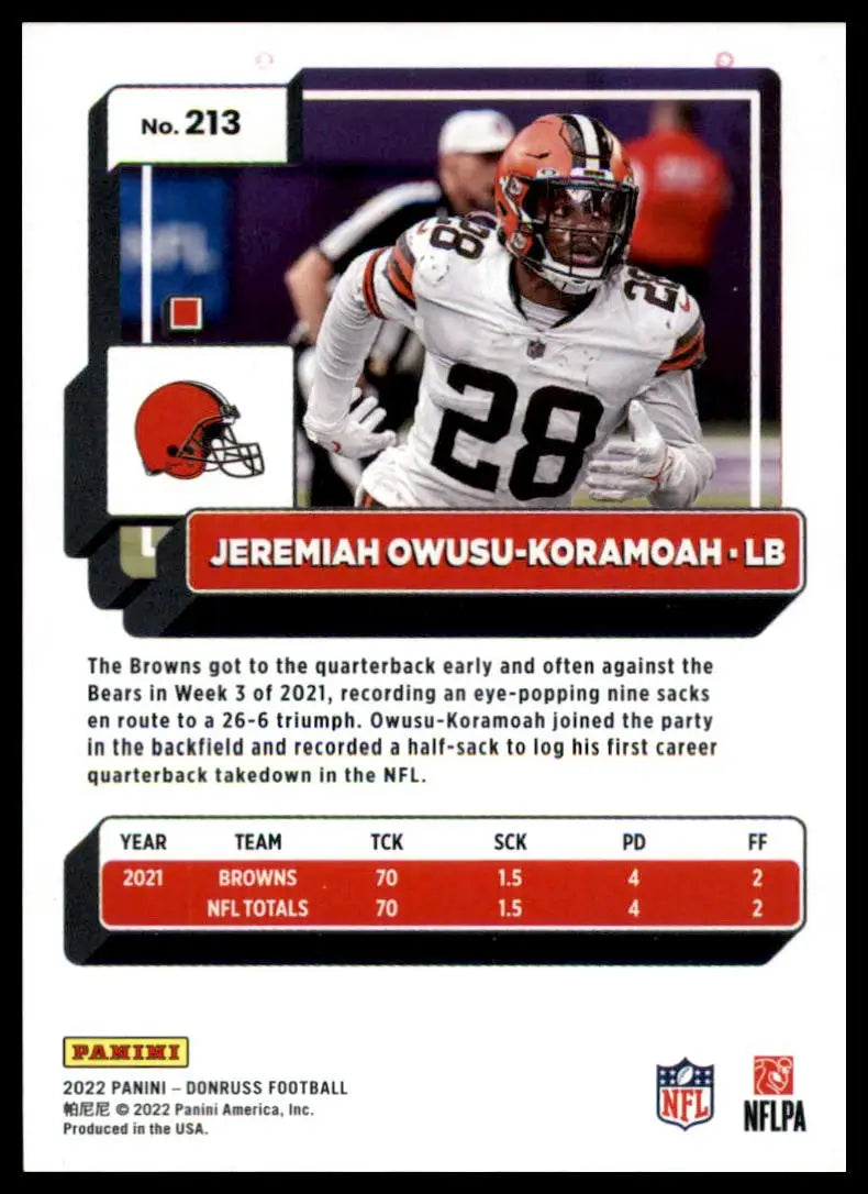 Football card back featuring Jeremiah Owusu-Koramoah from 2022 Donruss Cleveland Browns
